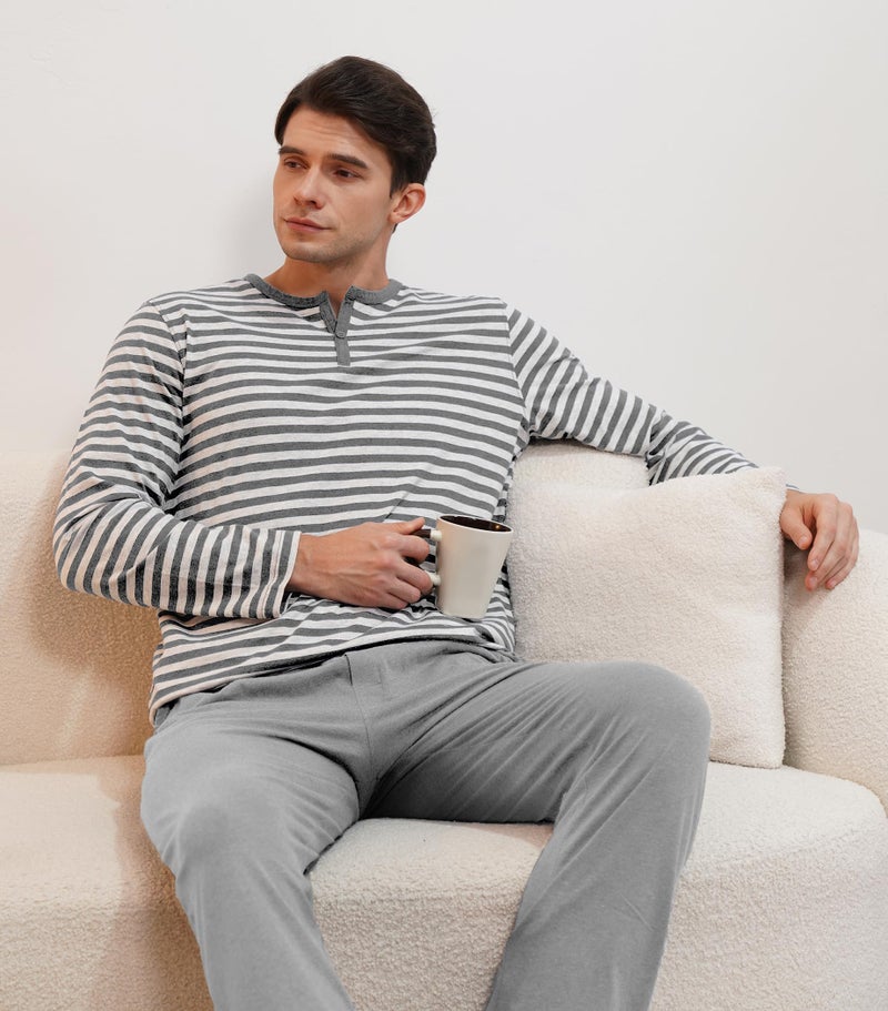 DAVID ARCHY طقم بيجامة ديفيد آرتشي للرجال من القطن الناعم، هينلي، ملابس مريحة للنوم بأكمام طويلة مع جيوب (XL، رمادي داكن هيثير) - Image 3